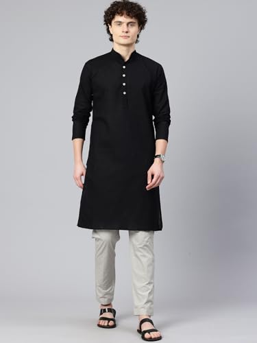 Image of Majestic Man Men's Cotton Regular Fit Casual Mandarin Collar Ethnic Motifs Solid Long Kurta