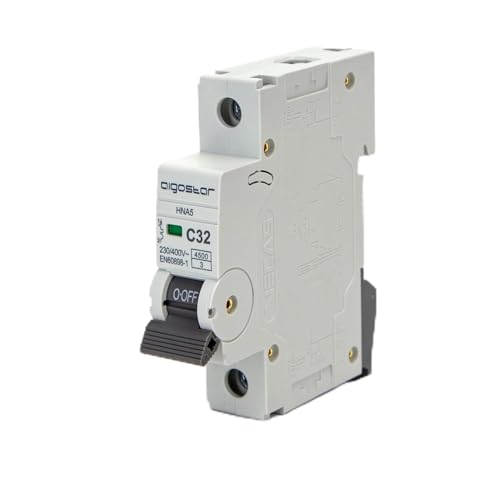 Disyuntor automático miniatura 1P 32A curva C, gris; protege circuitos eléctricos, ideal para instalaciones residenciales y comerciales.