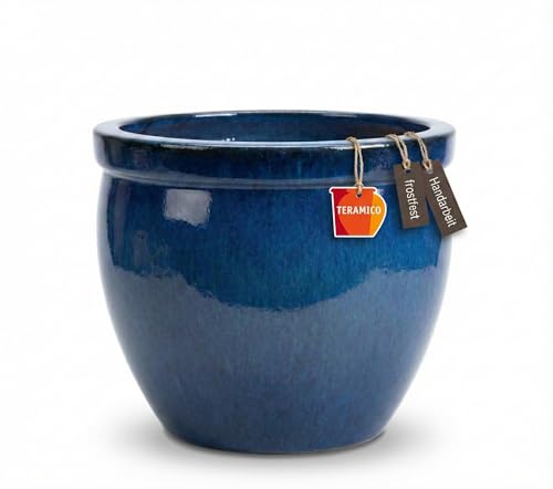 Pflanzgefäß Steinzeug 100% Frostfest | Keramik Blumentopf Außen & Innen (Verschiedene Größen) | Massiver Pflanzkübel mit Drainage-Loch | Premium, stilvoll (Royal Blau, 47cm x 38cm)