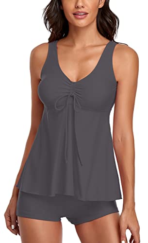 UNIQWETO Bauchkontrolle Tankini Badeanzüge für Damen 2-teilige Badeanzüge Tank Top mit Boyshorts, Grau, XL Cover