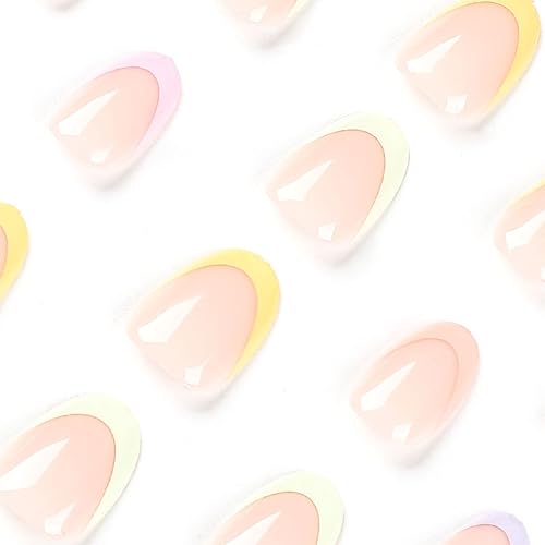 French Tip Press on Nails Rainbow Fake Nails Almond False Nails Glossy Fake Nails Full Cover Short Nails Art for Women and Girls Daily Decoration 24 Pcs - Image 3