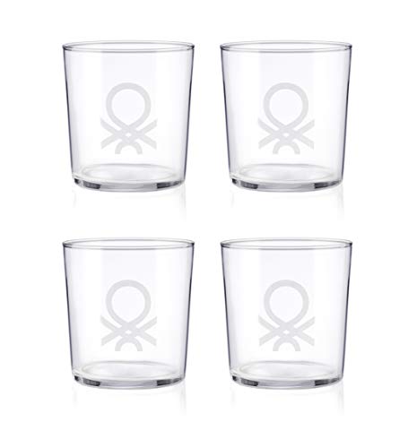United Colors Of Benetton Black &Amp; White - 4 Vasos De Agua 33 Cl, Vidrio, Transparentes, Apto Para Lavavajillas Y Microondas, Libre De Sustancias Tóxicas