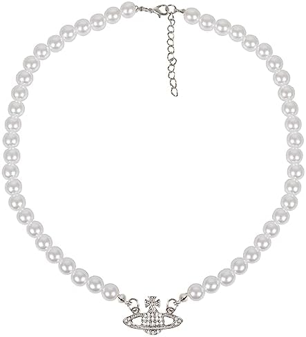 Yunison Pearl Saturn Necklace Rhinestone Pendant Planet Choker Retro Jewelry for Women Girls Birthday Party Anniversary