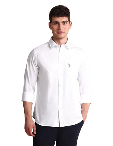 Image of U.S. Polo ASSN. Solid Tailored Fit Shirt for Men - 100% Cotton, Breathable & Comfortable, Full Sleeves Casual Shirt for Men