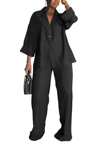 Casual Blazer Pants Suits for Women Dressy Oversized Long Sleeve Blazer and Wide Leg Pants 2 Piece Outfits2