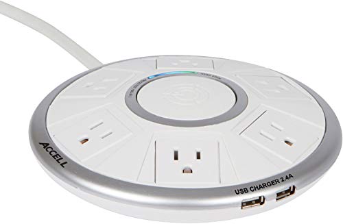 Accell Powramid Air Surge Protector - 2 USB Charging Ports (2.4A), 6 Outlets, 6-Foot Cord, 1080 Joules, ETL Listed - White Grounded Extension Cord Power Strip