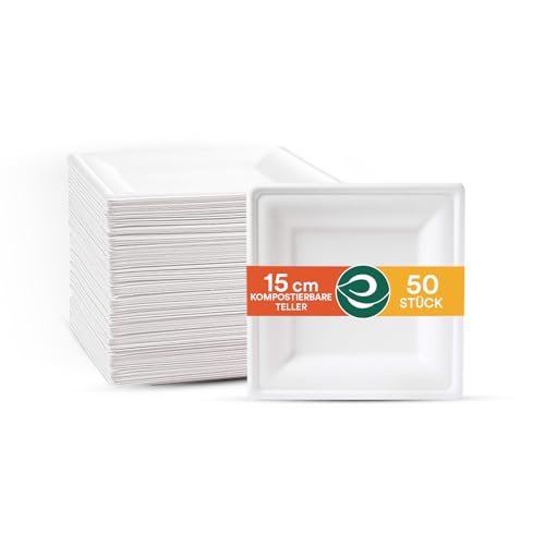 ECO SOUL 15 Cm (6 Zoll) weiße quadratische Einwegteller [50 Stück] | Kompostierbare Bagasse-Teller aus Zuckerrohr | Umweltfreundlich biologisch abbaubar stabil & plastikfrei