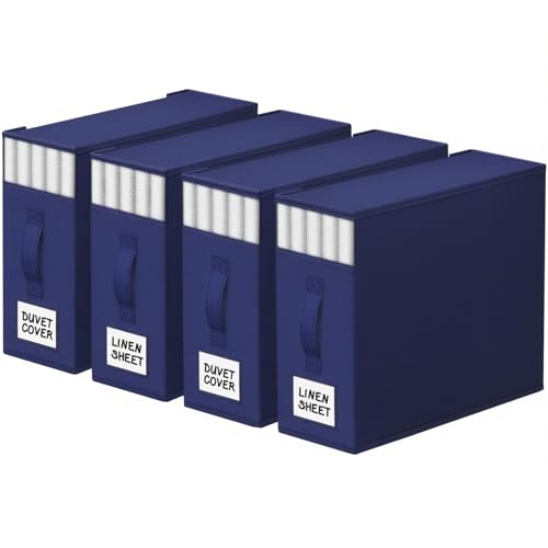 Image of StorageTastic 4 Pack Bed Sheet Closet Organizers and Storage,Sturdy Foldable Storage Containers with Window and Label,Storage and Organization for Bedding Sheets,Duvet Covers,Blankets (Blue)