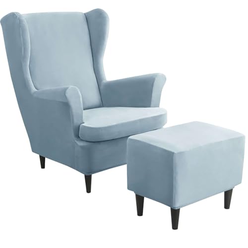 Funda para sillón orejero de terciopelo azul claro con cubre otomana a juego