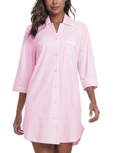 Image of EA'S SECRET 100% Cotton Nightgowns for Women 3 /4 Sleeve Button Down Nightshirts Soft V-Neck Knee Length Sleepwear With Pocket