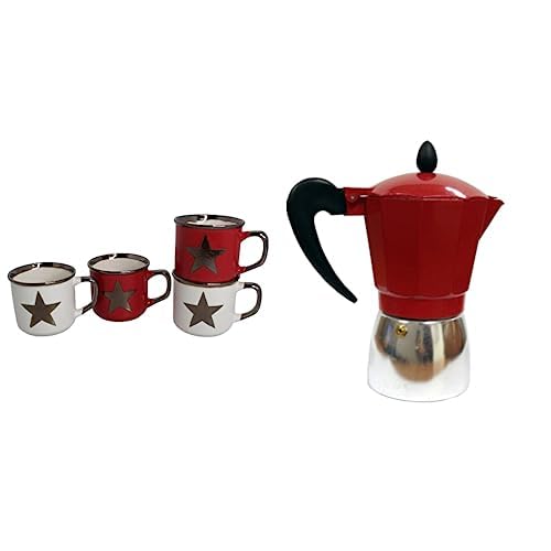 Imusa 6 cup Stovetop Espresso Maker with 4 piece Red and White Serving Cups