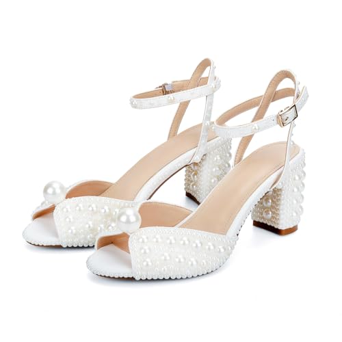 Image of Goolita Pearl Heels For Women Mid Block Ankle Strap Heeled Sandals Round Open Toe Party Evening Bridal Shoes For Wedding