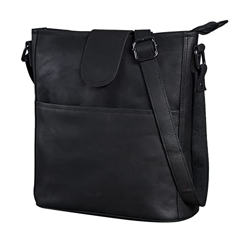 LEABAGS Athens Umhängetasche I Echtes Leder I Handtasche für Damen I Vintage Look I Umhängetasche I Shopper I Schultertasche I Multitasche I Schwarz - L (31x29x13 cm)