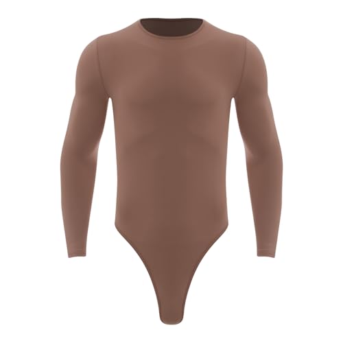 inlzdz Herren Bodysuit Langarm Shirt Stringbody Rundhals Unterhemd Einteiler Body Overalls Unterwäsche Slim Fit Männerbody Sport Training Kaffee L