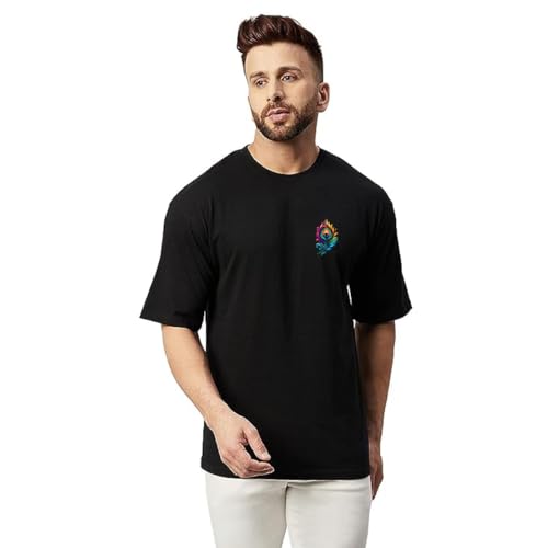 Image of prabhu bhakti Men's Oversized Peacock Feather Printed Black Cotton T-Shirts | Collection | Round Neck Drop Shoulder Half Sleeve Black Casual T-Shirt for Men