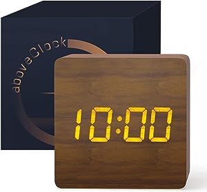 LUKSYOL CAZADORA Digital Alarm Clock - Mini Square Bedside Clock with 3 Alarm Settings, Temperature, Brightness Control - Wooden Table Clock for Bedroom, Bedside, Desk (Brown)