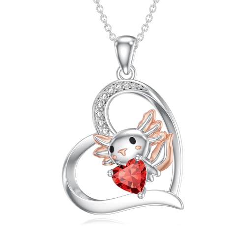 Axolotl Necklace for Women 925 Sterling Silver Natural Garnet Heart Axolotl Pendant Animal Jewelry Mothers Day Gifts for Mom