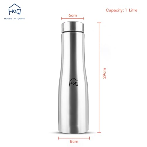 Image of House of Quirk 1 Litre Stainless Steel Water Bottle Pack of 6 - Single Wall Lightweight Sports & Fridge Bottle with Sipper Cap, Reusable Leak Resistant for Gym, Office, Travel & School (Silver)