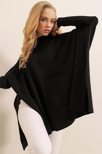 Image of Women's Crew Neck Batwing Sleeve Split Hem Oversized Knit Poncho Sweater