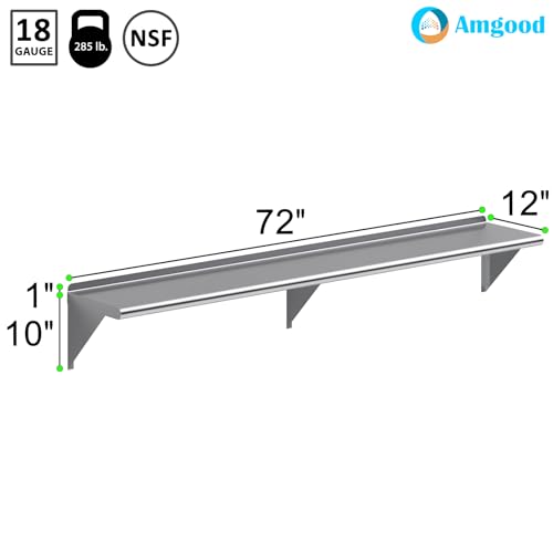 Image of AmGood 72 inch Long X 12 inch Deep Stainless Steel Wall Shelf | NSF Certified | Appliance & Equipment Metal Shelving | Kitchen, Restaurant, Garage, Laundry, Utility Room