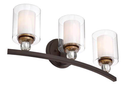 Image of Minka Lavery 3073-416 Studio 5 Vanity Bath Light, 3-Light, 300 Total Watts, 24-in H x 9-in W, Painted Bronze with Natural Brushed Brass