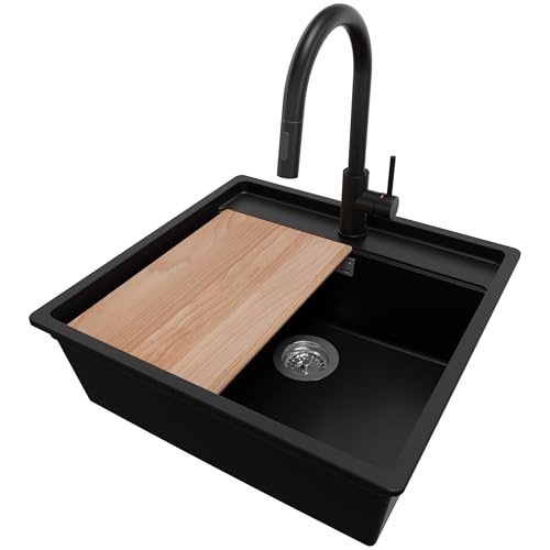 PRIMAGRAN Fregadero Granito Negro 56x53cm, Cocina 1 Seno + Grifo 40x20cm + Sifón + Tabla de cortar, Sobre encimera al mueble 60cm - Bergen S046