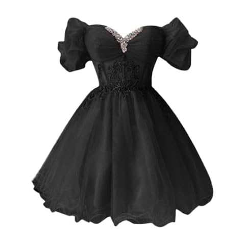 Fanciest Puffy Off Shoulder Black Homecoming Dresses for Teens 2025 Short Prom Dress with Beads Lace Tulle Cocktail Dresses US0 Cover