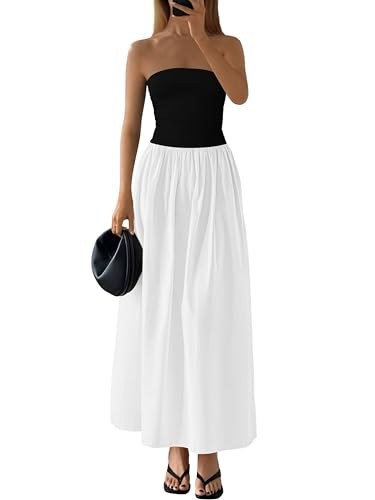 PRETTYGARDEN Women 2026 Summer Elegant Strapless Maxi Dress Tube Top Dress A Line Flowy Long Wedding Party Cocktail Dresses(Black White,Medium)