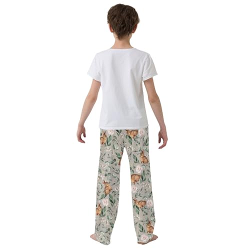Bunny and Peony Floral Boys Long Pants Soft Trousers Elastic Waist Kids Lounge Bottoms with Pockets S-XL3