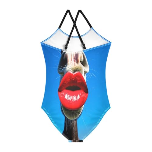 Funny Horse Red Lipstick Girls Swim Suit with Adjustable Shoulder Strap, Beach Bathing Suit, 3-102