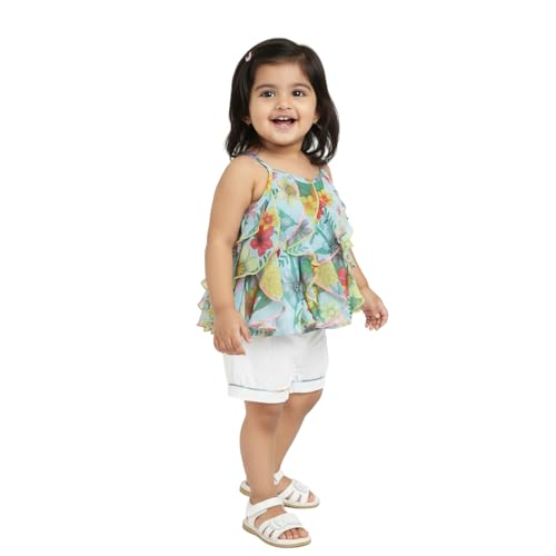 Image of Nautinati Baby Girls Printed Strappy Tiered Top with Shorts Clothing Set | Age 0-3 Years