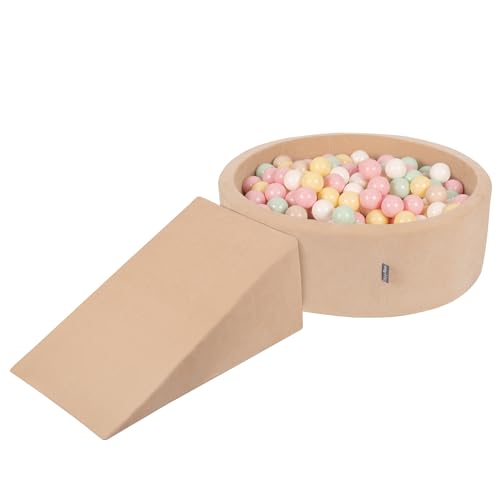 KiddyMoon Spielplatz Velvet Aus Schaumstoff Rund Bällebad Bällebad (100 Bälle) + Zwickel Ballgruben Babys Spielbad, Sandbeige:Pastellbeige/Pastellgelb/Weiß/Minze/Puderrosa