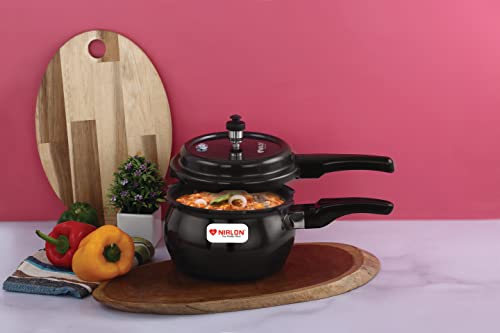 Image of NIRLON Induction Base Hard Anodized Aluminium Outer Lid Handi Pressure Cooker, Glossy finish, Black, 3 Litres