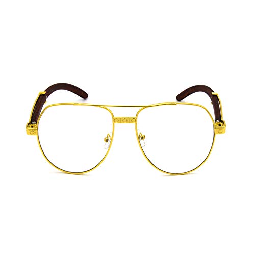 Image of TZ Promise For Men's Gold Color Wood Effect Metal Frames Vintage Style Retro Eye Clear Lens Glasses