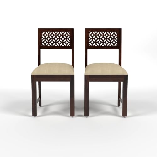 Image of Solid Sheesham Wood Dining CNC Chair for Living Room & Dining Room | Wooden Chair with Upholstered Cushion Seat | Handcrafted Carved Backrest | Walnut Finish (Set of 2)