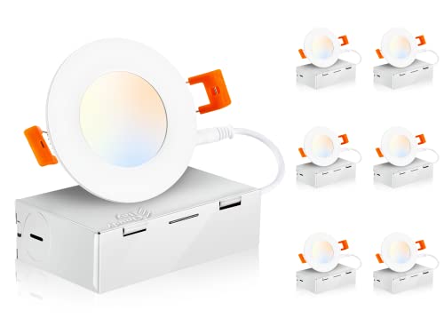 CLOUDY BAY Luz LED empotrable ultrafina de 5 colores con caja de conexiones, clasificación IC, 120 V 9 W CRI90+, 5 temperaturas de color seleccionables, diámetro de iluminación 1-7/8 pulgadas, blanco