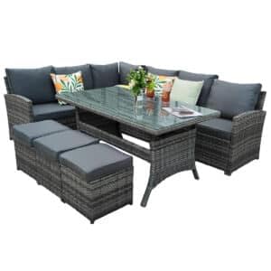 Nustone L-Shaped Rattan Garden Furniture Set, 9 Seater Corner Sofa with 3 Stools & Glass-Top Table – Outdoor Patio Lounge Set with Cushions in Grey