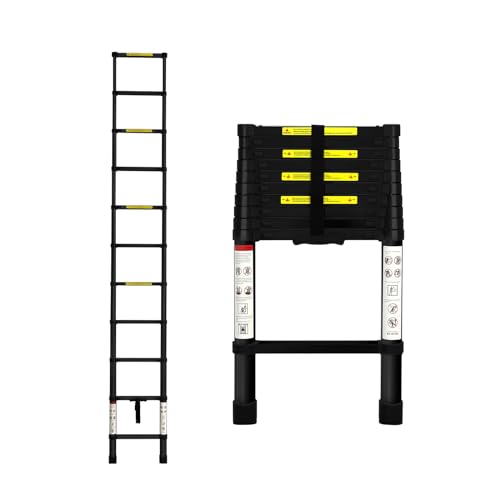 Traderight 3.2m Telescopic Ladder Retractable, Aluminium Thicken Extension Ladders 10.5FT for Household,Home,Office, Telescoping Height Locking Extend Climb 150kg Capacity 10 Step Frame Ladder Black