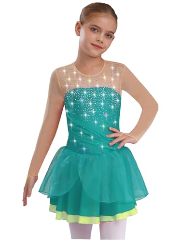 Nyeemya Mädchen Langarm Eiskunstlauf Kleid Strass Glitzer Leotard Mit Wickelrock Tanzkleid Turnanzug Wettbewerb Tanzkleidung Grün 134-140