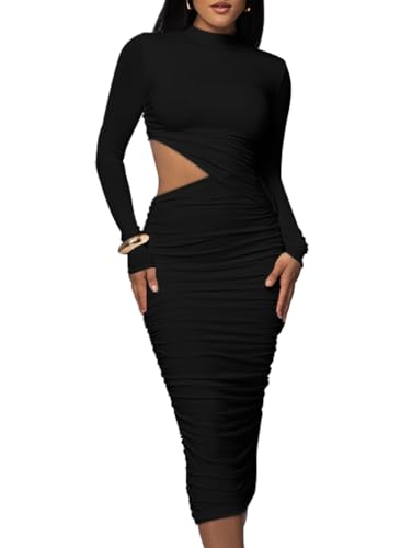 LAGSHIAN Women Sexy Long Sleeve Mock Neck One Piece Cutout Ruched Bodycon Midi Party Dress