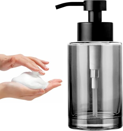 Image of Enra Black Foaming Soap Dispenser, Thick Glass Bathroom Soap Dispenser | 12oz thick glass bottle with stainless steel pump. Stylish dispenser for bathroom, kitchen, farmhouse and modern decor.