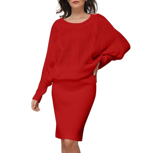 Strickkleid Damen Winter Midi Winterkleid Damen Elegant Warm Pulloverkleid Damen Winter Strick Fledermausärmel Kleider Frauen Strick Curvy Tailliert...
