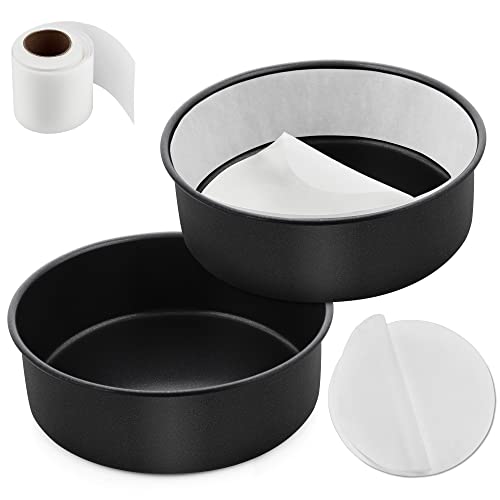 E-Far 6 Inch Cake Pans Set Of 2, Nonstick Stainless Steel Small Round Baking Pans With Parchment Paper & Side Liner Roll, Stainless Steel Core & Non-Toxic Coating, Straight Side & 2 Inch Deep #TOP18