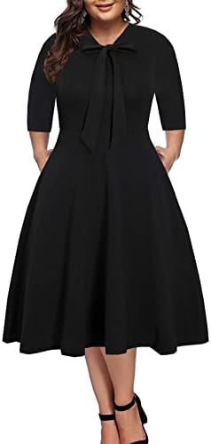 BEDOAR Plus Size Solid Black Dress 3/4 Sleeve Classic Vintage Tie Neck Formal Flared Knee Length Dresses(B007Black-20W)