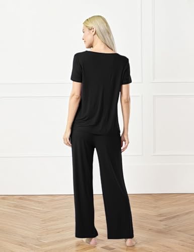 Image of GYS Bamboo-derived Viscose Women's Pajamas Set Short Sleeve Top With Pants 2-Piece Sleep Set
