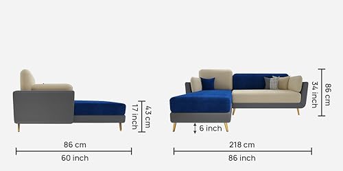 Image of Sixpine Luxury Dual Color Upholstery Lounger RHS Sofa in Premium Velvet | Solid Wood Structure | Sturdy Golden Legs | High Density Foam | Extra Comfort for Modern Living Room (Blue & Beige, 4 Seater)