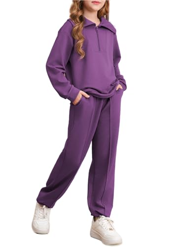 blibean Tween Girls Sweatshirt Half Zipper Sweat Pants Sets Kids Girl Athletic Jogger Jogging Suits Collar Pullover Outfits Fall Fashion Clothes Pullover Tops Size 10-11 Years Old Purple