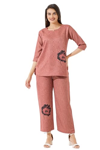 Image of Linen Printed Night Wear Top and Bottom Night Suit Set | Summer Outfit | Co-ord Set for Women | Shirt & Pajama | Night Suit Dress for Women