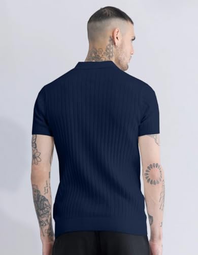 Image of Veirdo Men's Casual Ribbed Polo Collar Knit T-Shirt | Regular Fit Half Sleeve Polo for Men | Flat Knit Textured T-Shirt Perfect for Office, Party, Travel