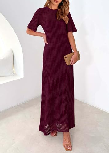 Image of PRETTYGARDEN Womens Eyelet Crochet Maxi 2 Piece Dress Sets | Knit Mesh Layered Two-Piece Dress, Short Sleeve Crew Neck Cover Up With Slip, Summer Resort Vacation Beach Hollow Out Dresses